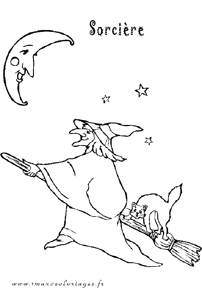 coloriage La sorcière sur son balai avec son chat