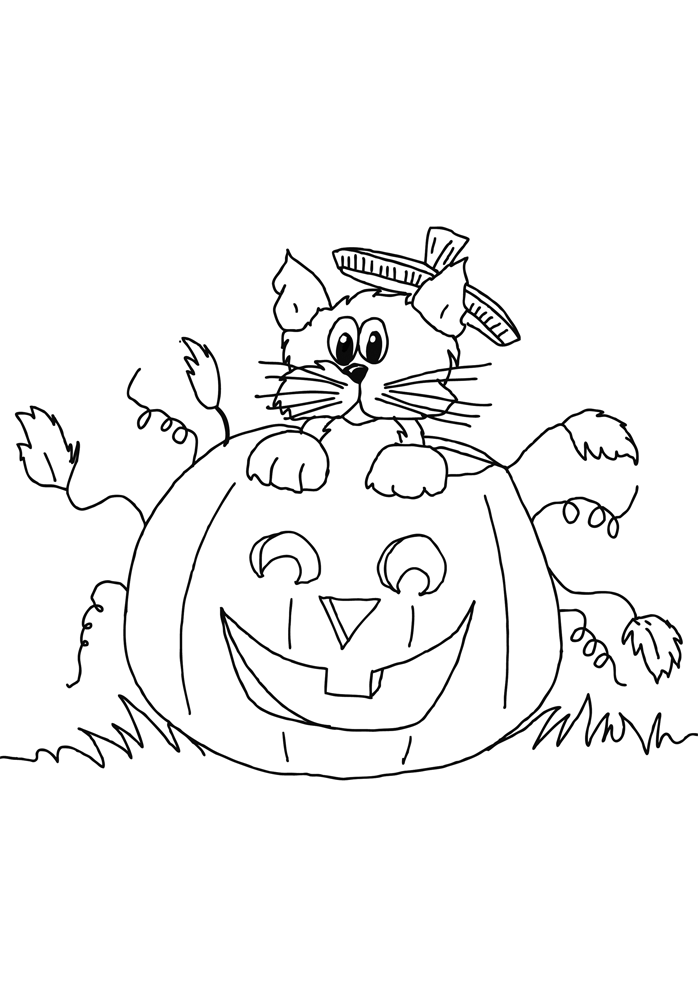 coloriage Un chat rigolo sur une cirouille d'halloween