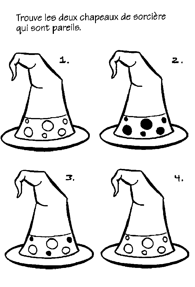 coloriage Jeu : Trouve les 2 chapeaux de sorciere identiques