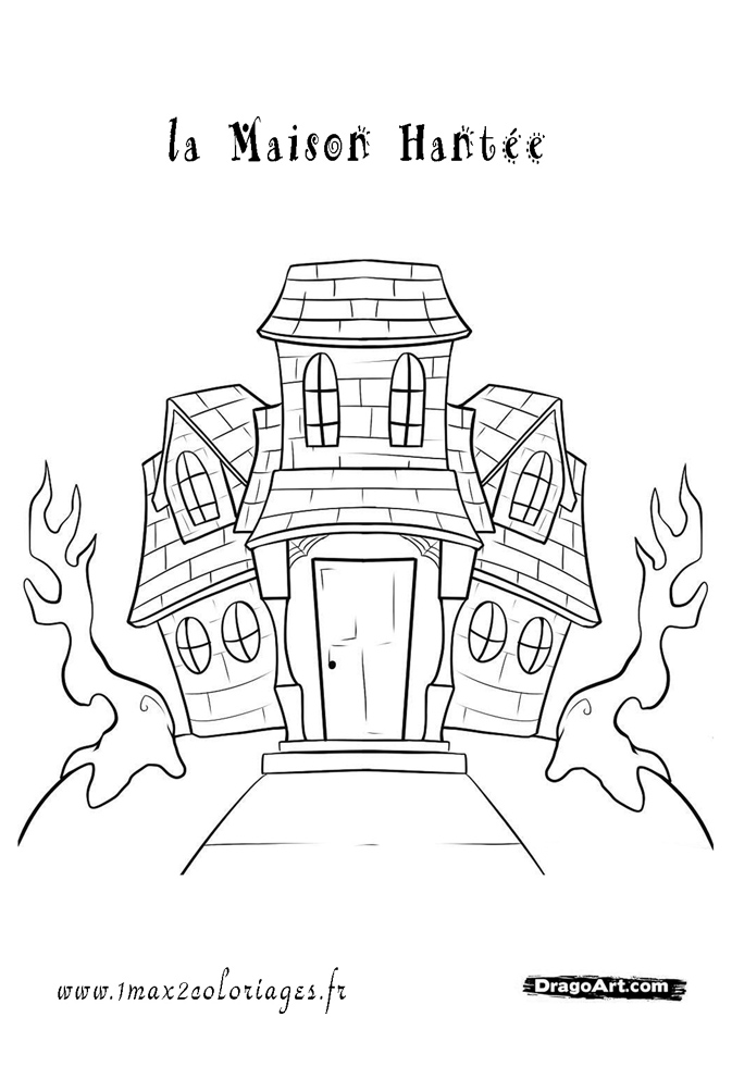 coloriage Apprends a dessiner une maison hantée