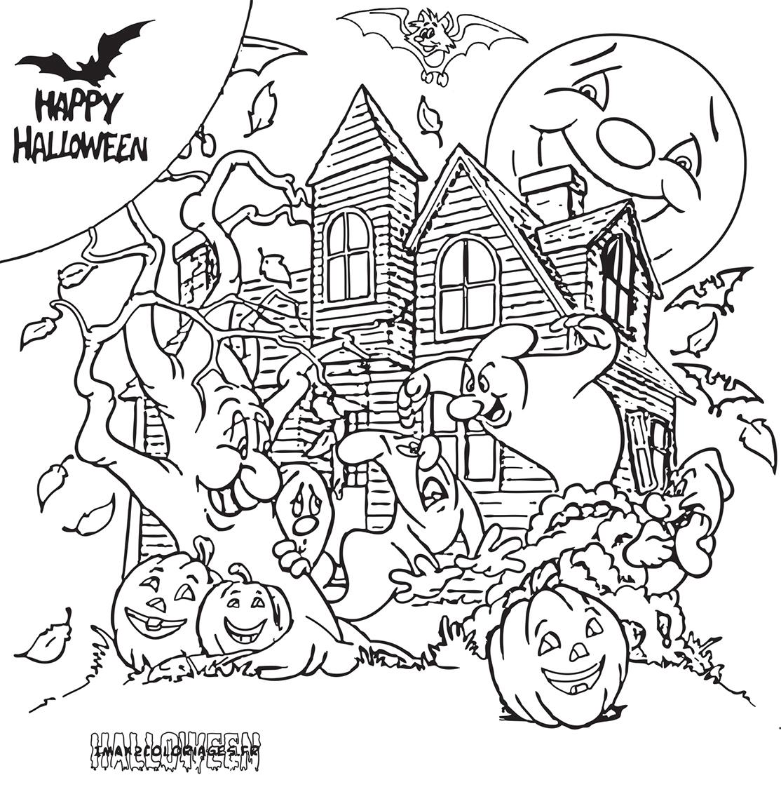 coloriage Manoir d'Halloween entouré de fantômes