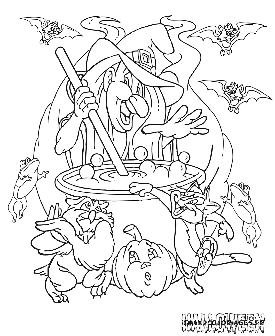 coloriage Sorcière d'Halloween entourée de son chat et de son hibou