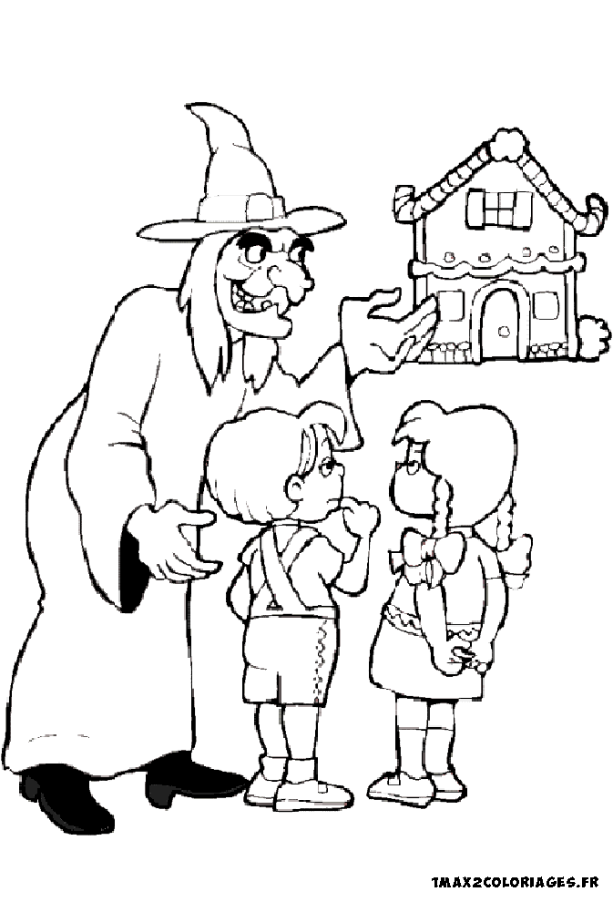 coloriage La sorciere et les enfants