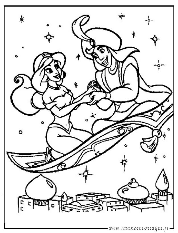 coloriage Aladdin et Jasmine sur le tapis volant
