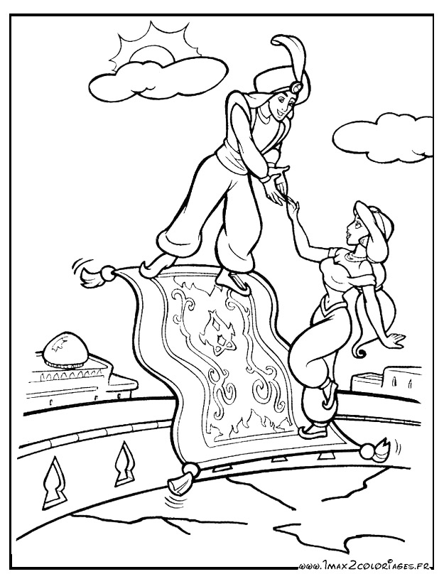 Aladdin aide Jasmine à monter sur le tapis volant