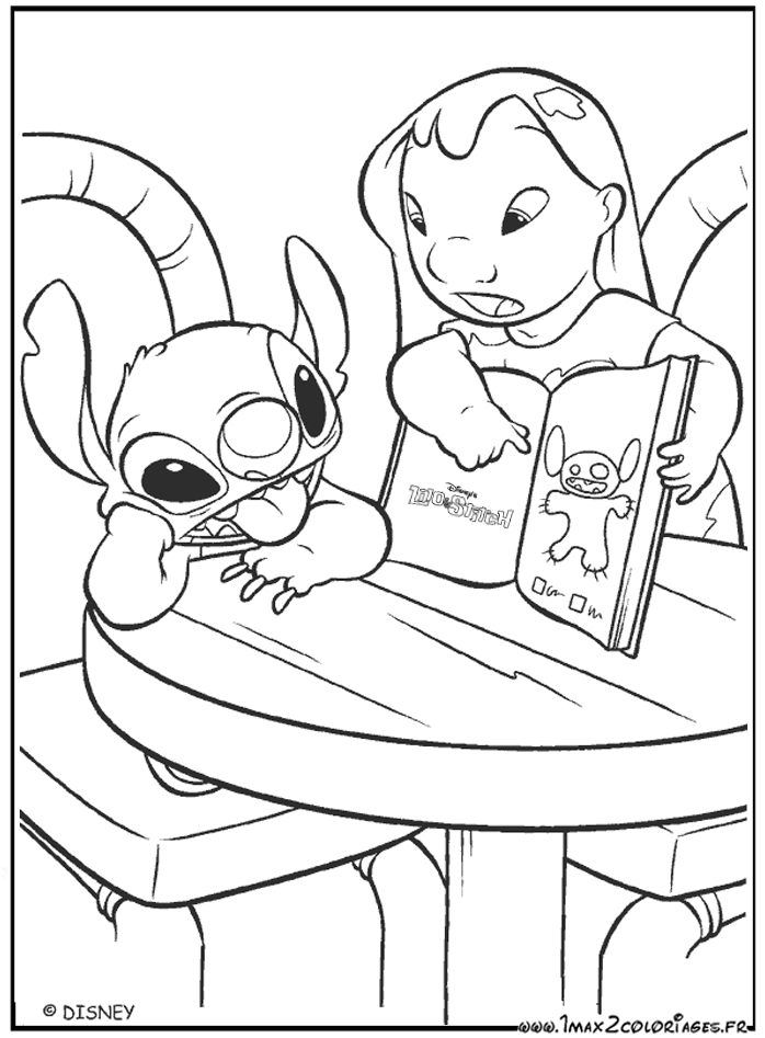 Coloriages du film d'animation de walt Disney : Lilo et Stitch 1 et 2 -  dessin Lilo veut apprendre à lire à Stich a imprimer