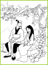 Mulan et son père Fa zhou discutent sur un banc de pierre