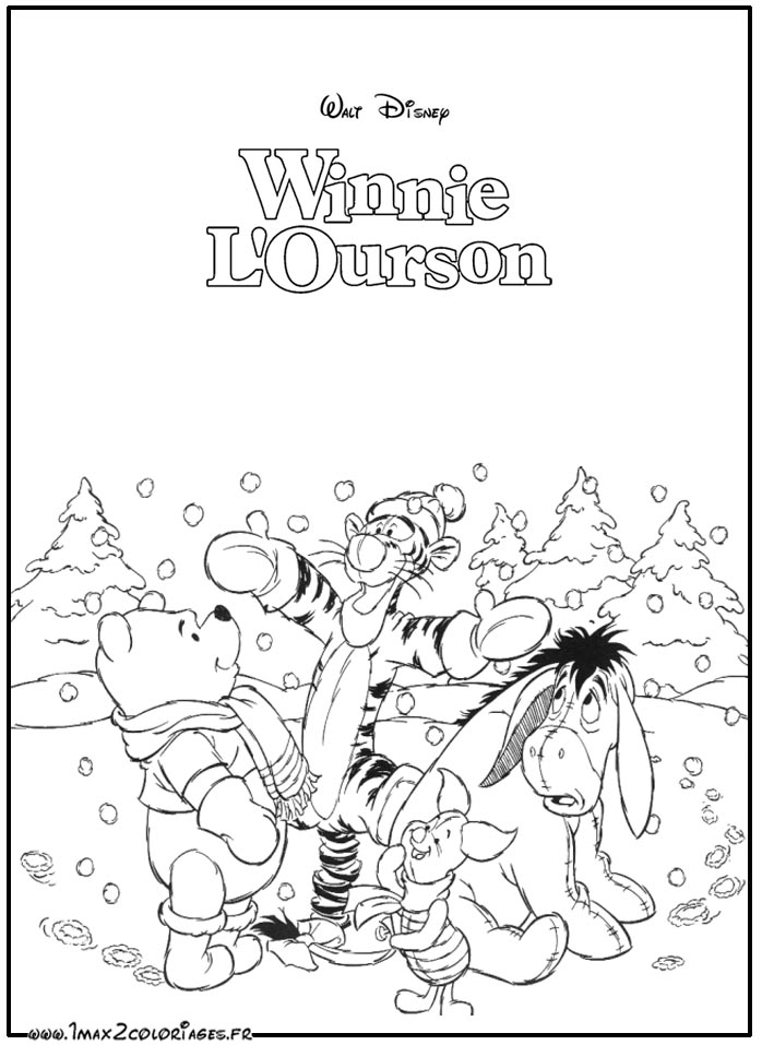 coloriages Winnie Tigrou porcinet et Bourriquet dans la neige