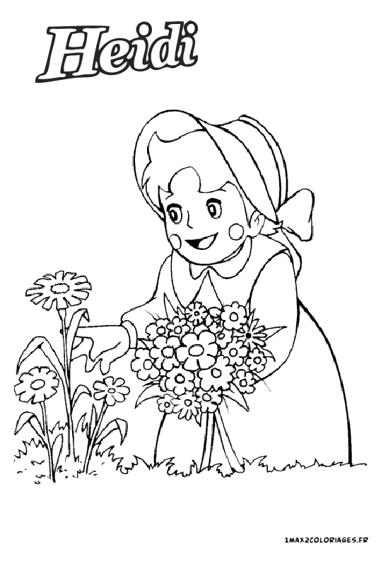 coloriage Heidi cueille des fleurs