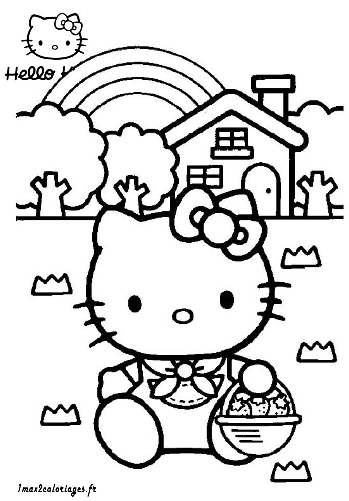 coloriage Hello Kitty et son panier de fraises