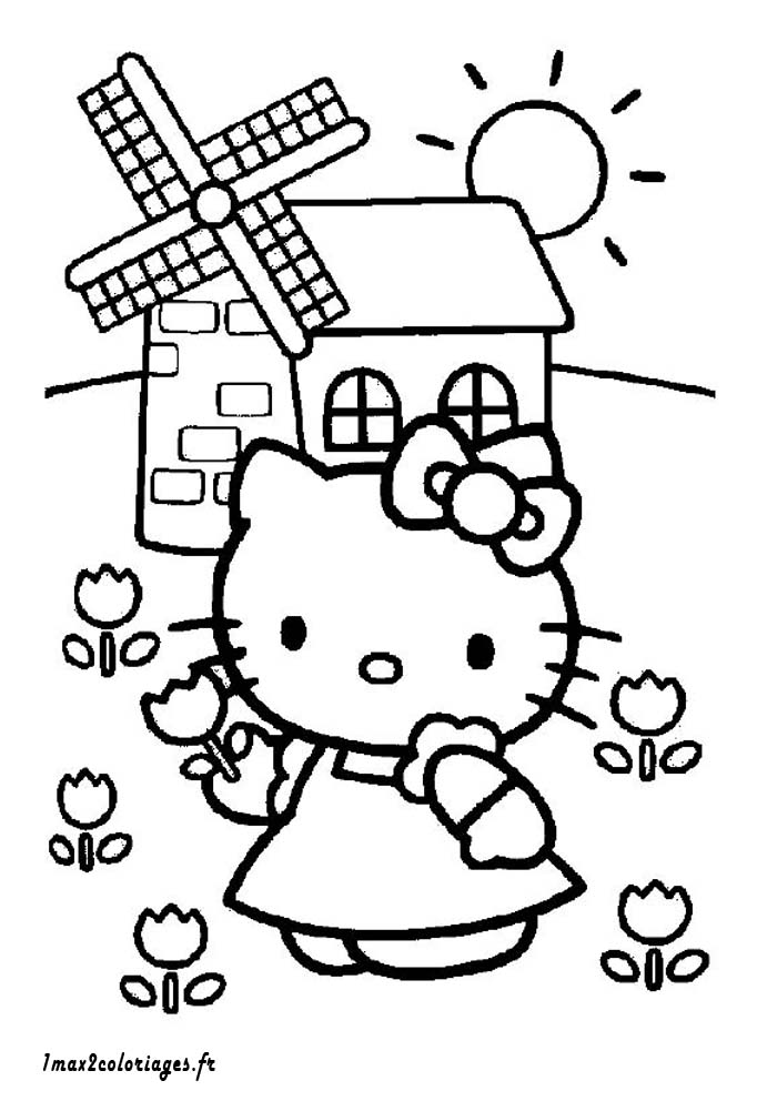 coloriage Hello Kitty devant un moulin