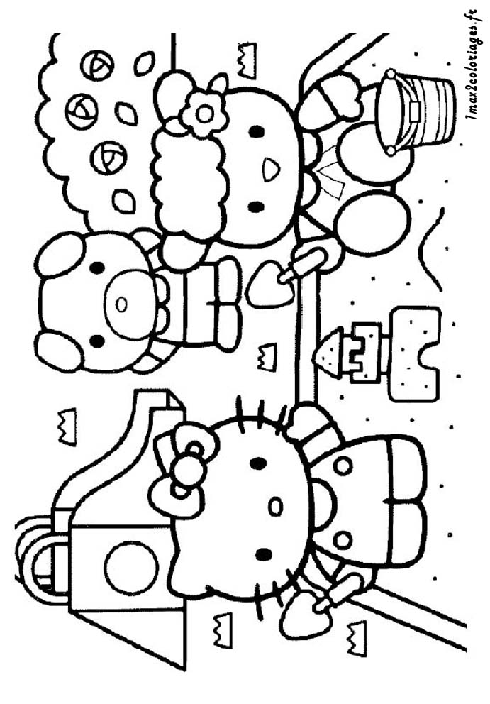 coloriage Hello Kitty et ses amis font des chateaux de sable