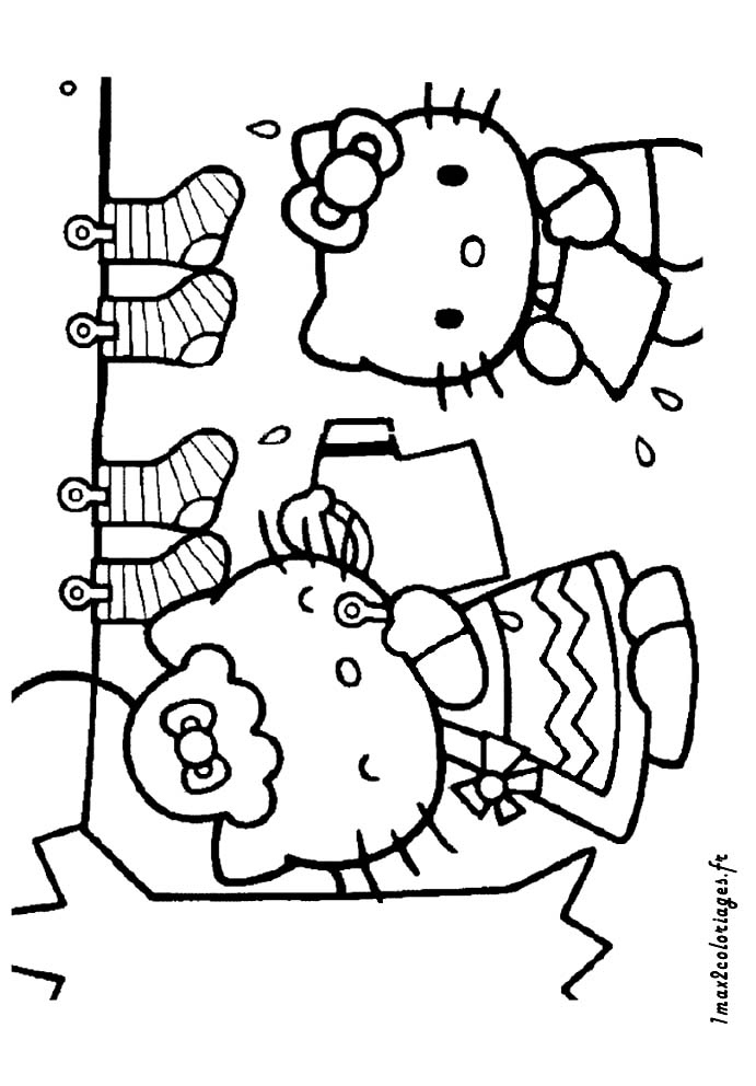 coloriage Hello Kitty et sa mamie font sécher le linge