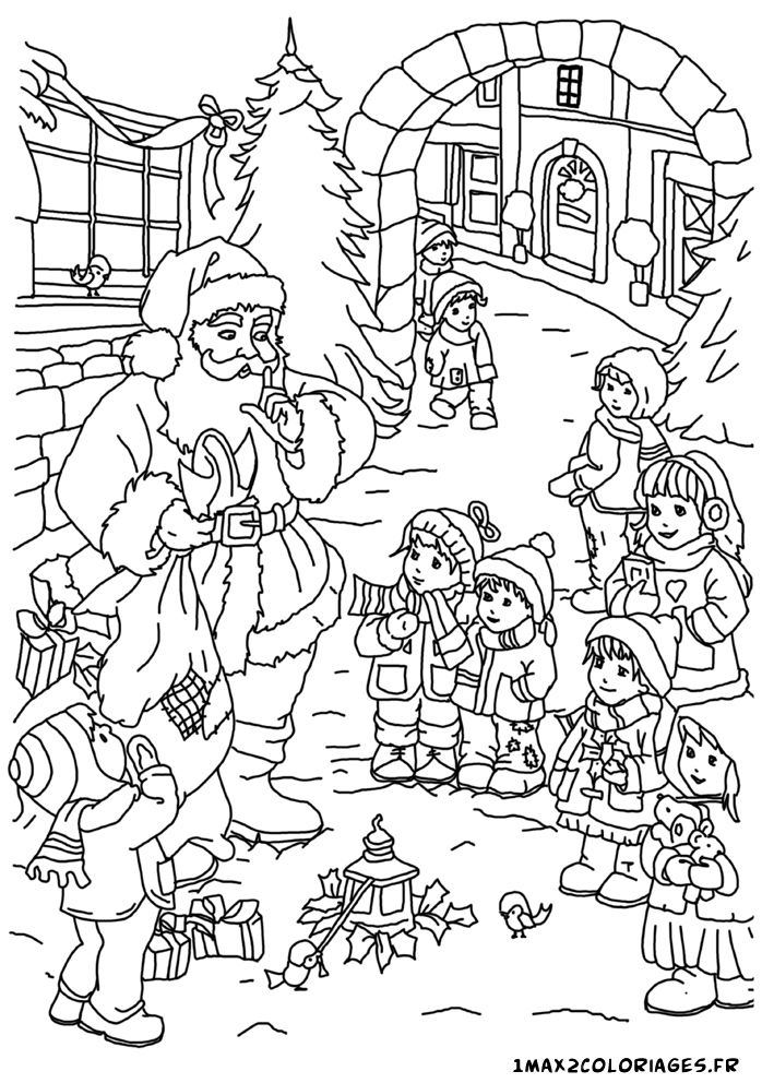Coloriage De Noel Le Pere Noel Distribue Des Cadeaux Aux Enfants