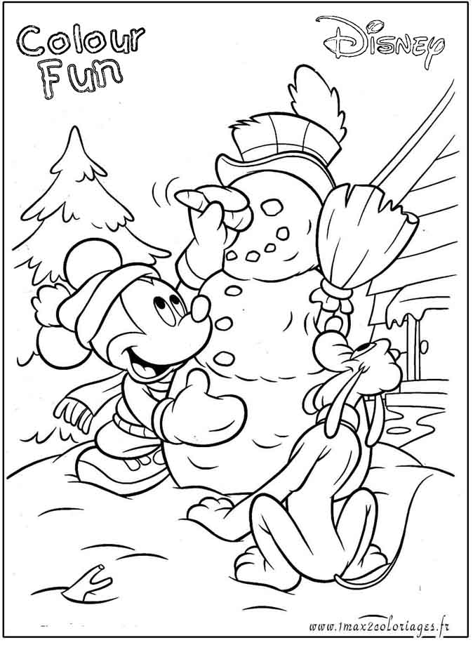coloriage Mickey et pluto font un bonhomme de neige