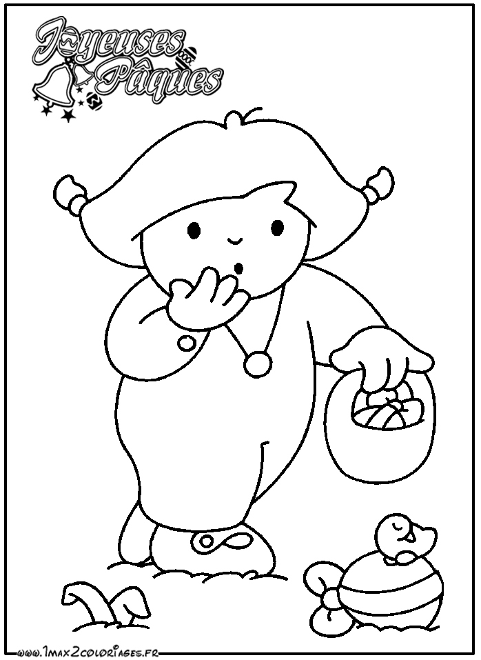 Coloriage Un enfant ramasse des oeufs de Pâques