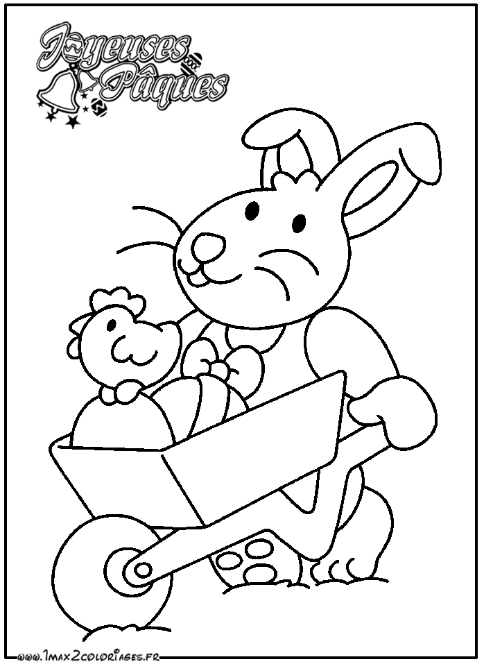 Coloriage Un lapin de Pâques pousse sa brouette d'oeuf