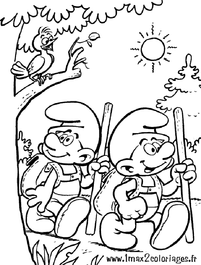 coloriage 2 schtroumpfs se promènent dans les bois