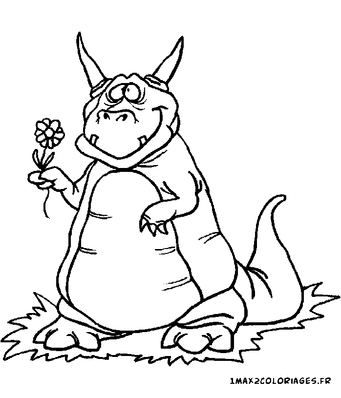 coloriage Un petit dragon rigolo avec une fleur