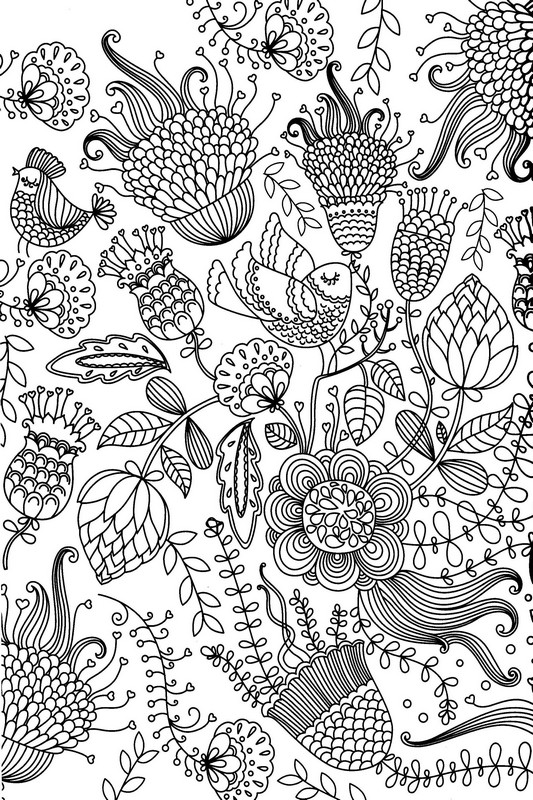 coloriage pour adulte antistress, Un oiseau au milieu des fleurs a