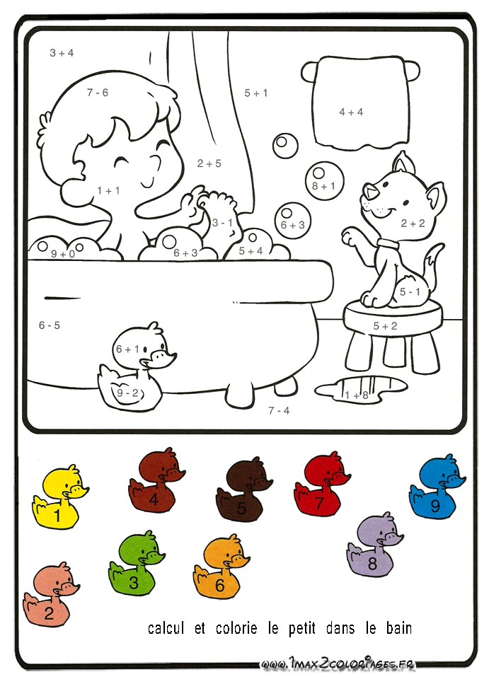 Calcul et colorie l'enfant dans le bain
