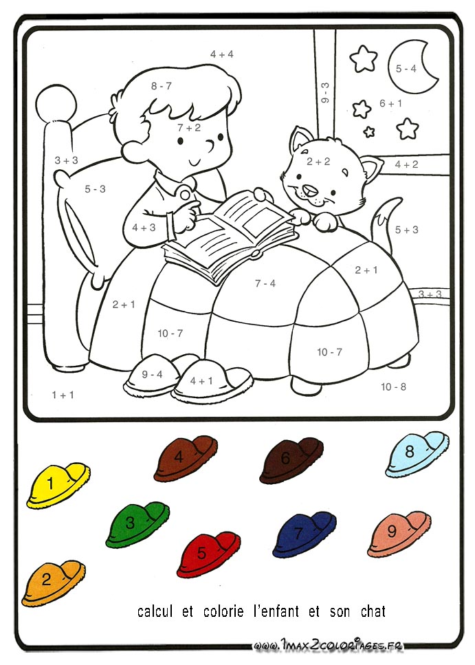 Calcul et colorie L'enfant et son chat
