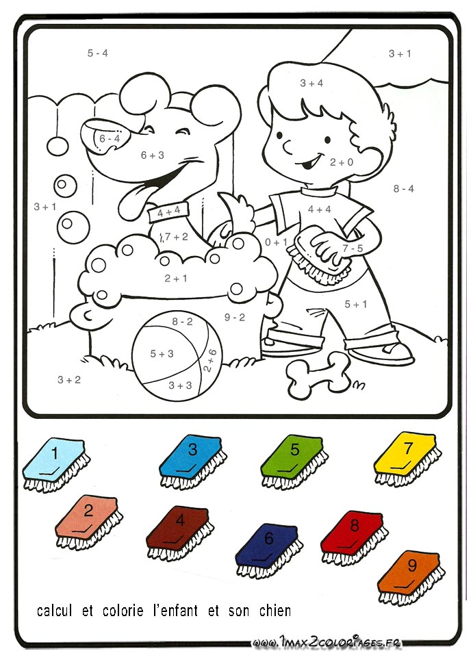 Calcul et colorie L'enfant et son chien