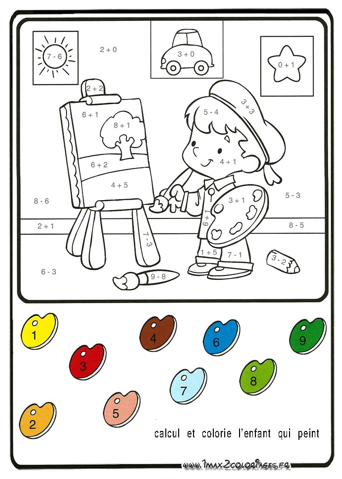 Calcul et colorie L'enfant et son tableau