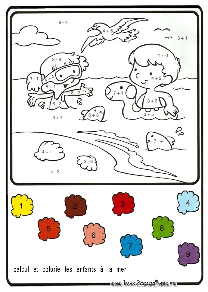 Calcul et colorie Les enfants à la mer