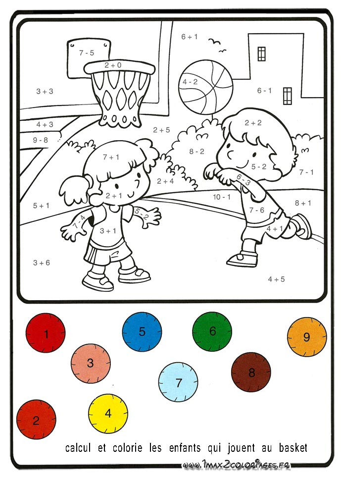 Calcul et colorie les enfants qui jouent au basket