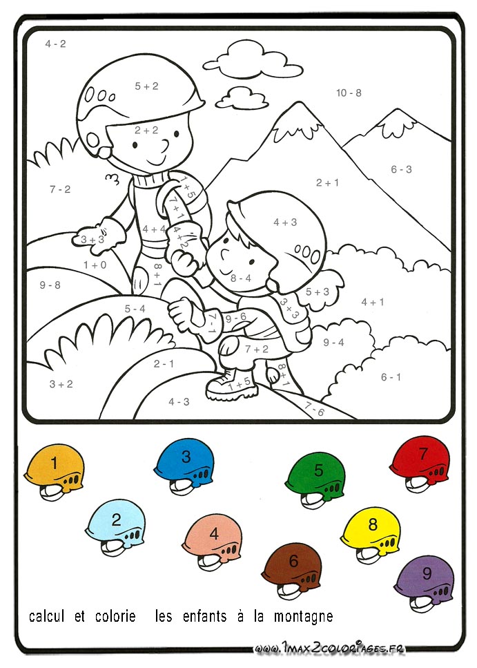 Calcul et colorie Les enfants à la montagne