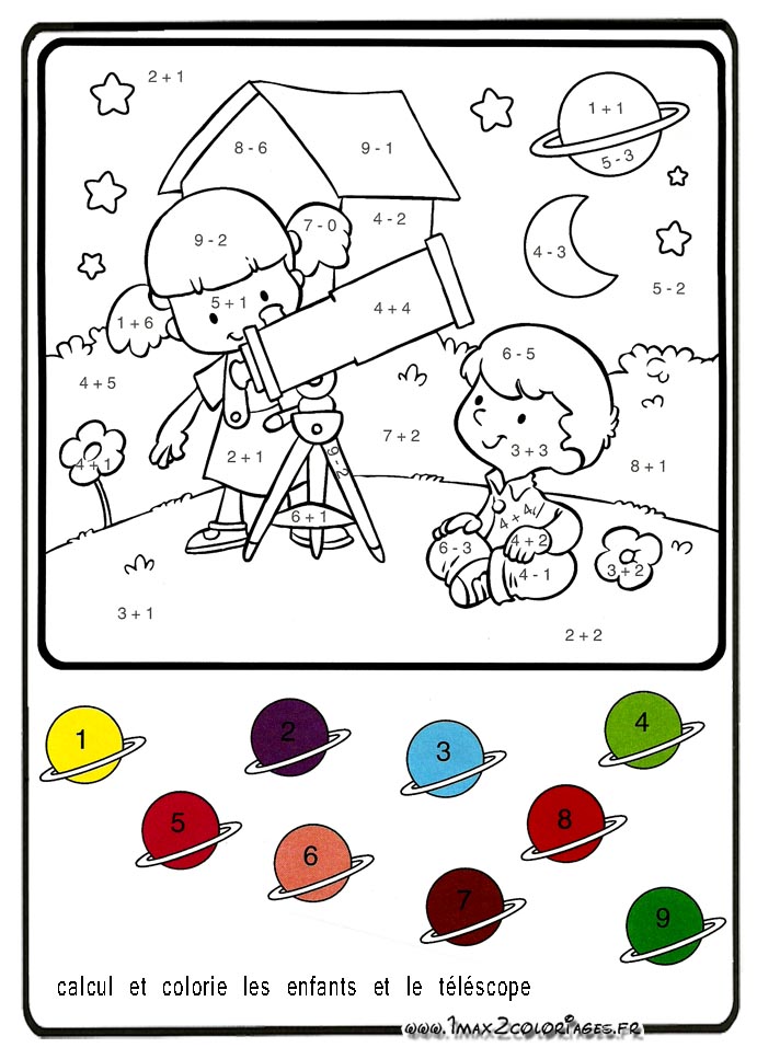 alcul et colorie Les enfants et le téléscope