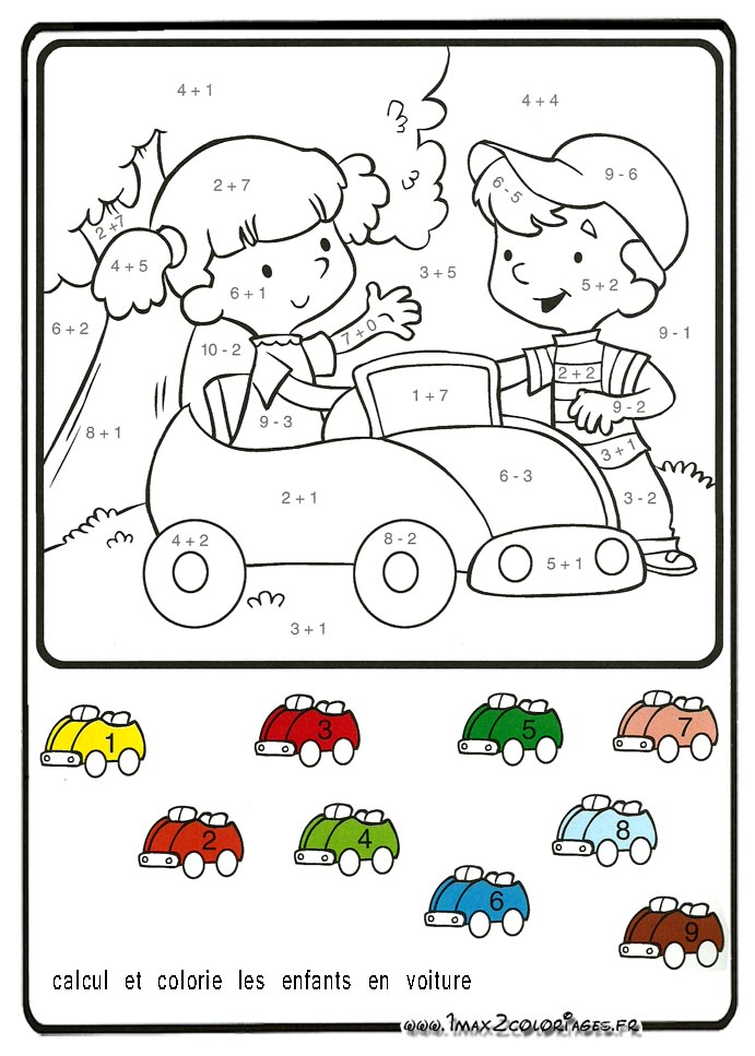 Calcul et colorie Les enfants en voiture