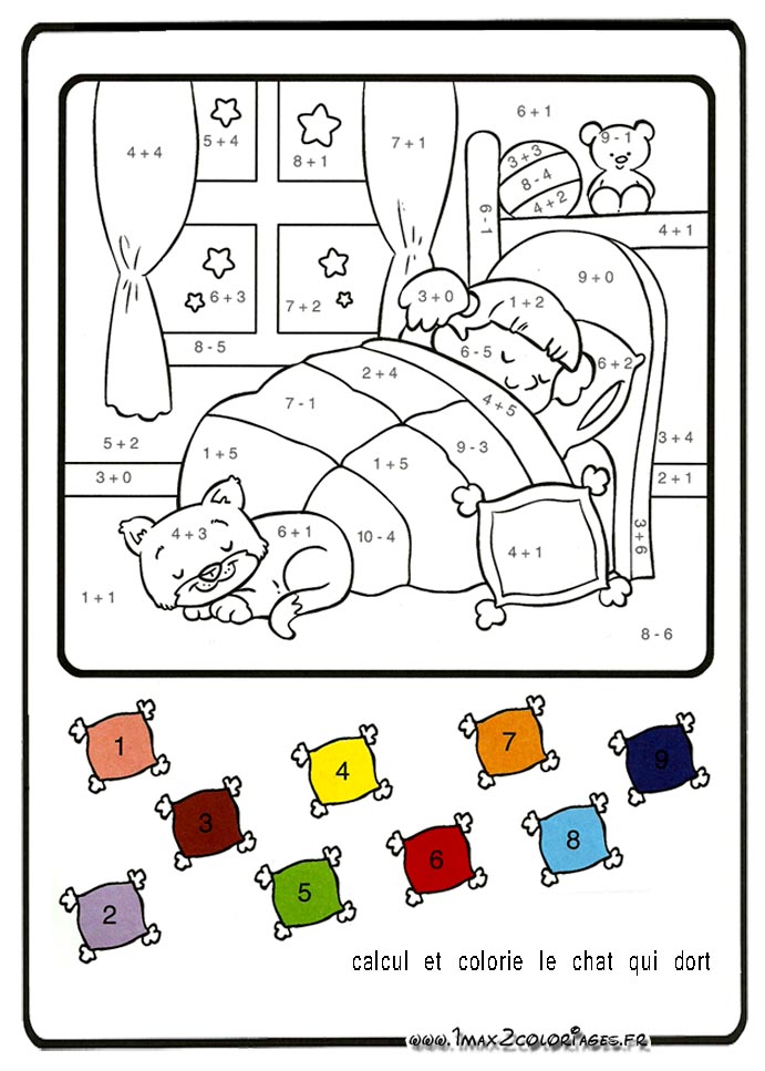 Calcul et colorie Le chat qui dort