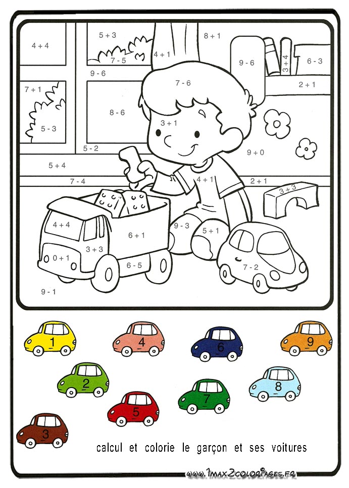 Calcul et colorie Le petit garçon et ses voitures