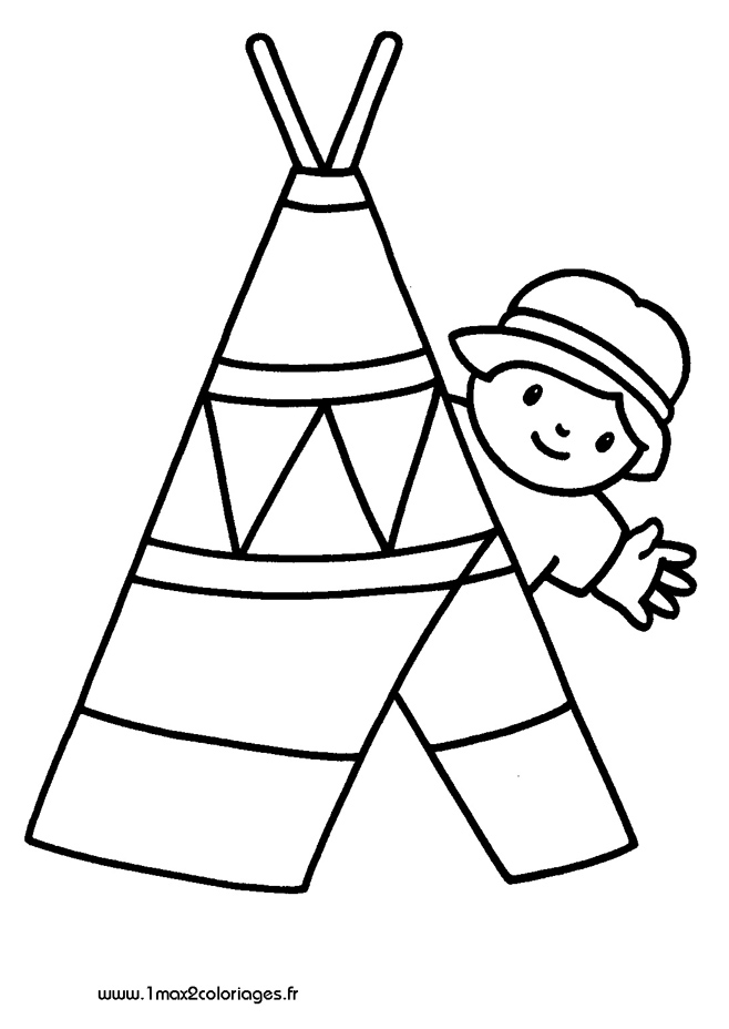 mes premiers coloriage un enfant joue aux indiens derrière son tipi