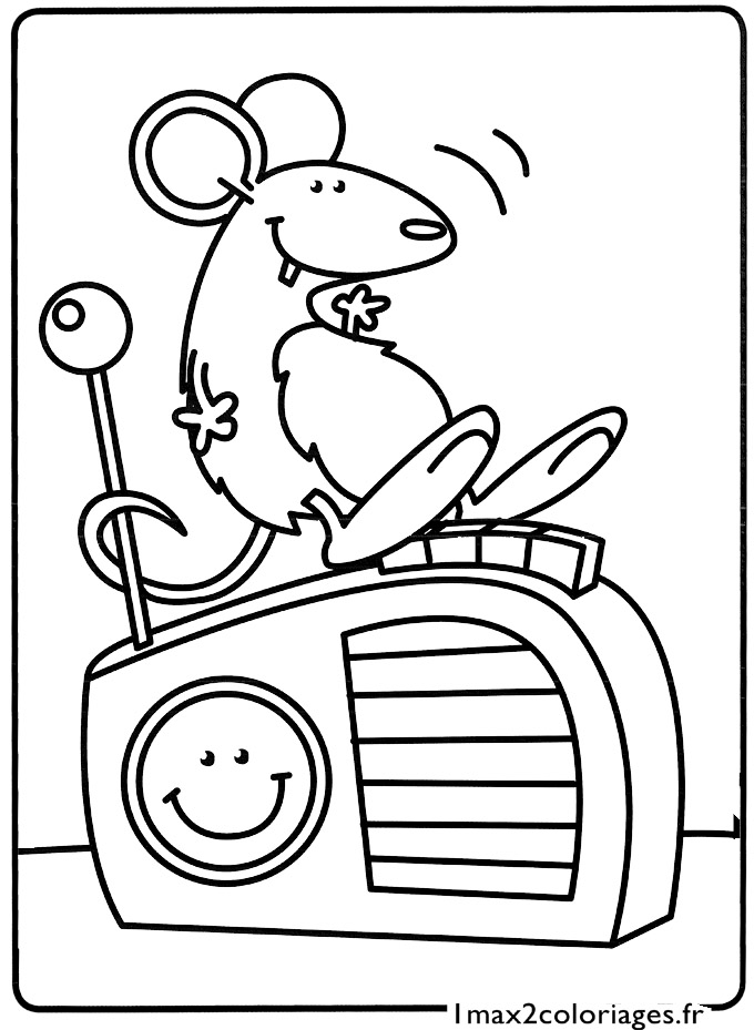 coloriage La petite souris sur son poste de radio