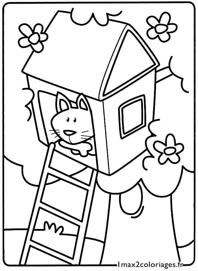 coloriage Le petit chat se cache dans la cabane