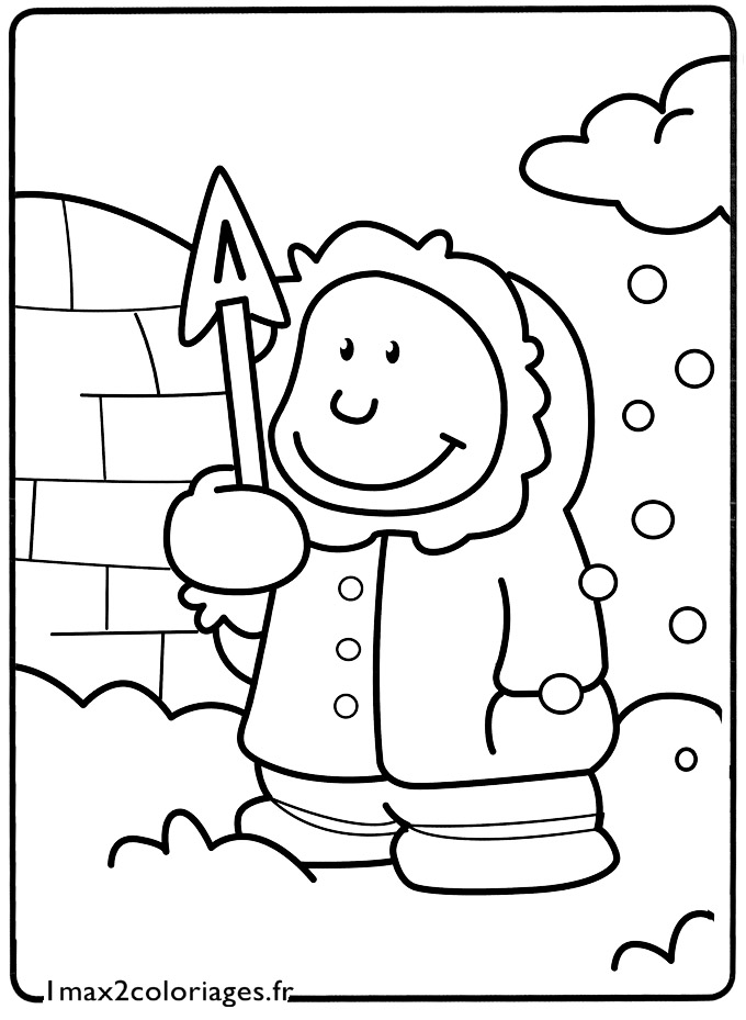 coloriage Le petit esquimau devant son igloo