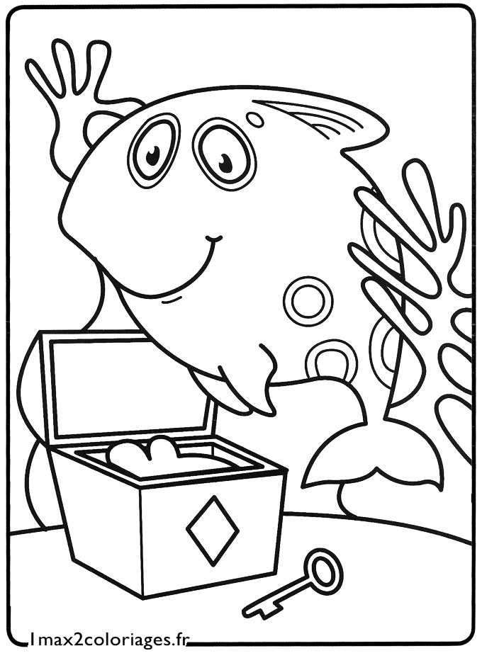 coloriage Le petit poisson trouve un tresor