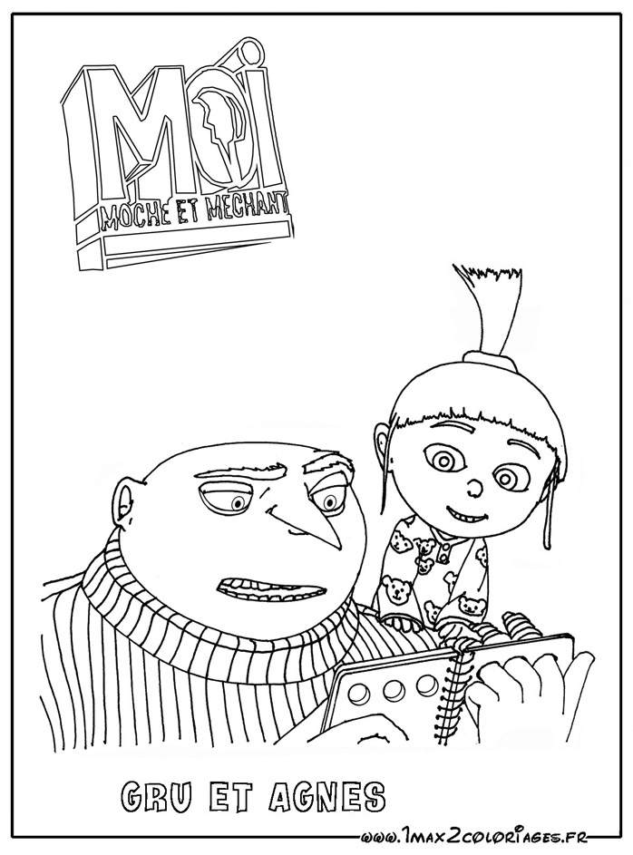 coloriage Gru lit un livre de conte à Agnès