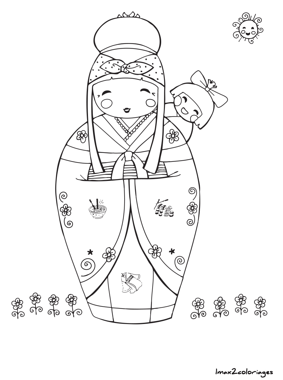 coloriage de poupée japonaise kokeshi numero 8 à imprimer
