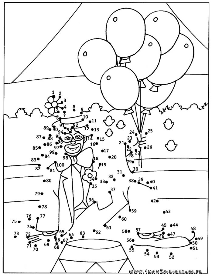 Coloriage clown et ballons - Relier les points de 1 à 100 