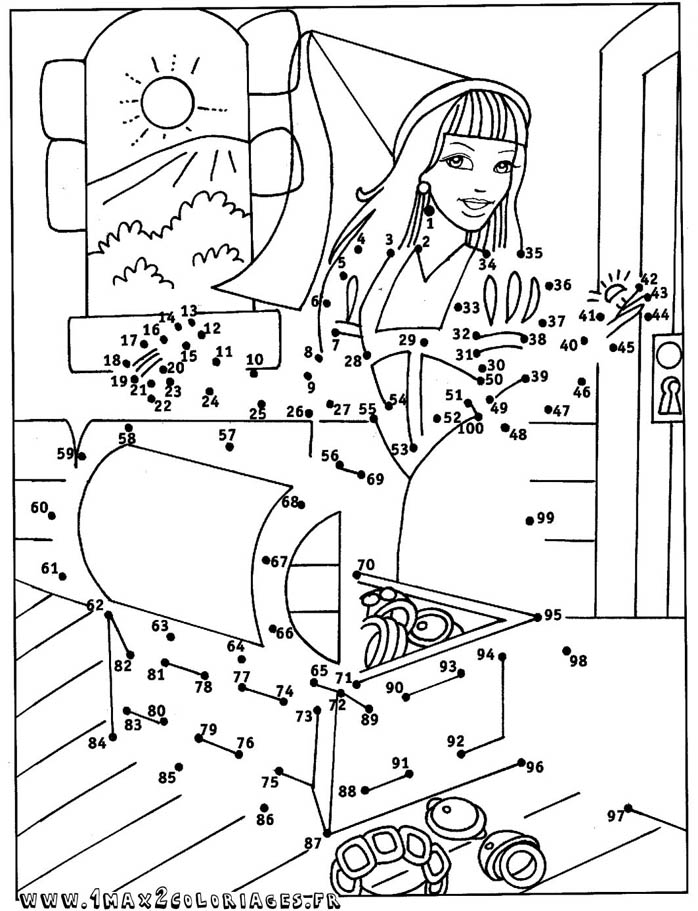 Coloriage fée et trésor - Relier les points de 1 à 100 