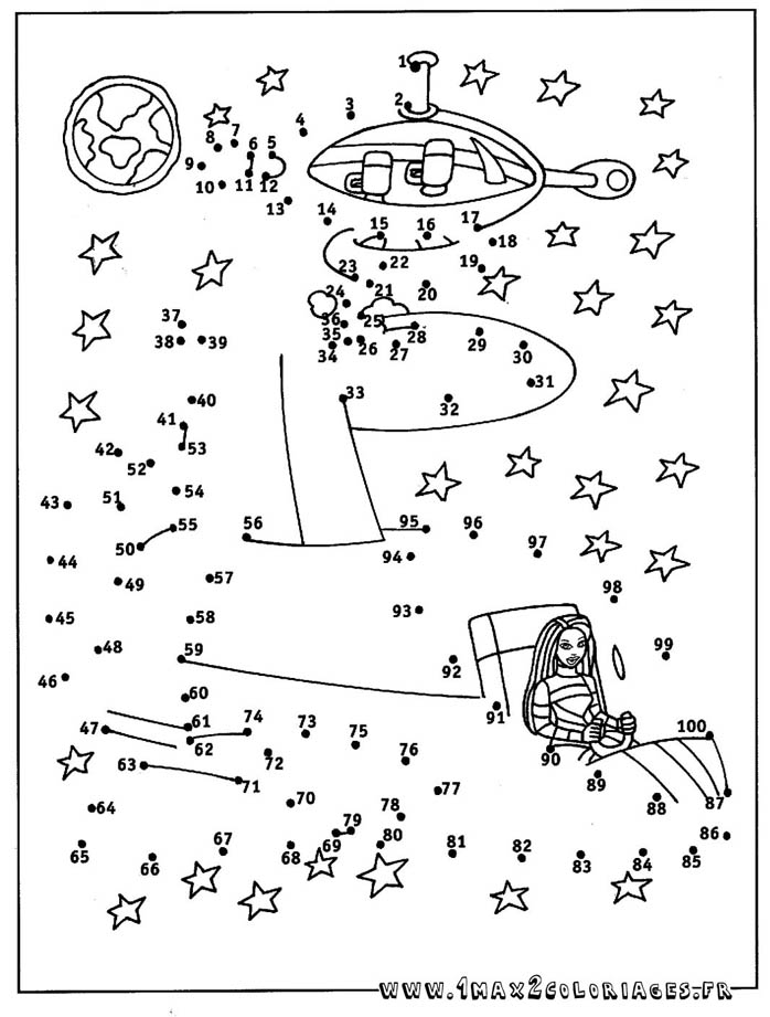 Coloriage fille sur un manège - Relier les points de 1 à 100 