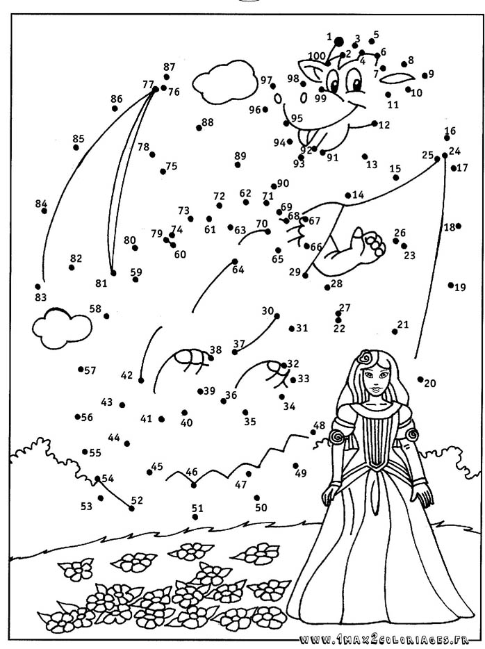 Coloriage princesse et le dragon - Relier les points de 1 à 100 