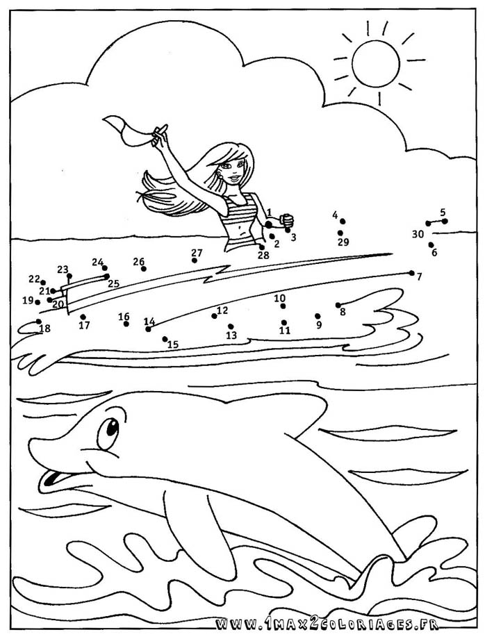 Coloriage une fille dans un bateau - Relier les points de 1 à 30 