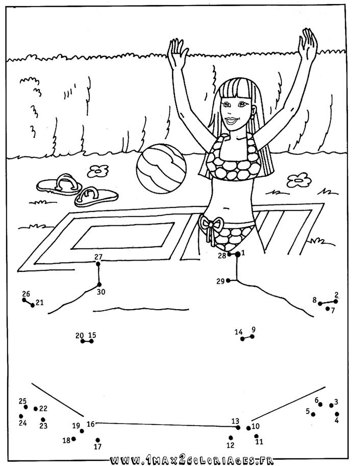 Coloriage fille et la piscine - Relier les points de 1 à 30 