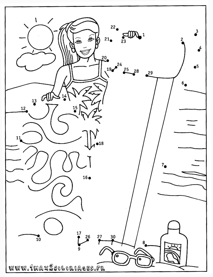 Coloriage fille et sa planche de surf - Relier les points de 1 à 30 