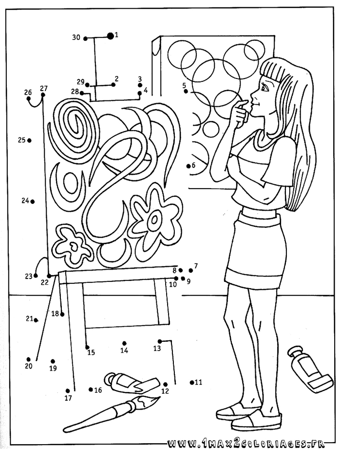 Coloriage fille peintre - Relier les points de 1 à 30 